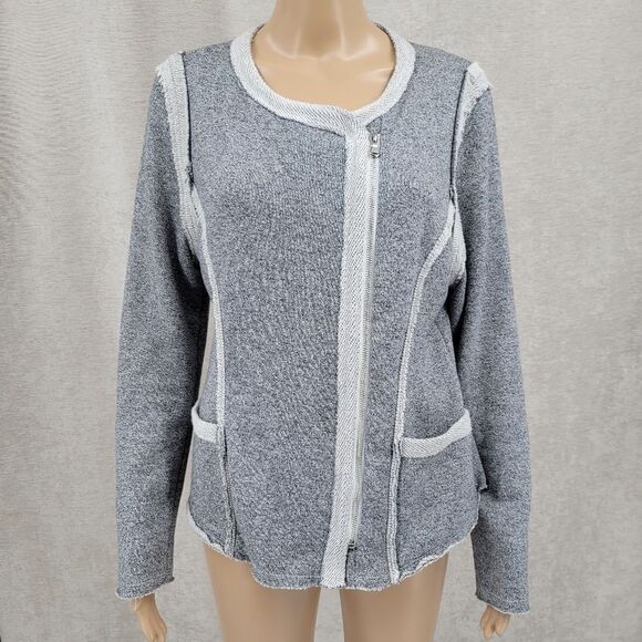 ii Sisters Gray Asymmetrical Full Zip Cardigan Sweater Jacket Cotton Terry Knit - Picture 1 of 10